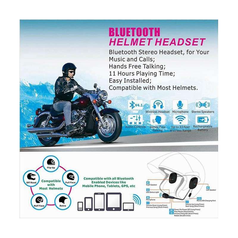 Wireless Bluetooth Headset Motorcycle Helmet Speakers Earphone Hands-Free Call Mp3 Music Player Moto