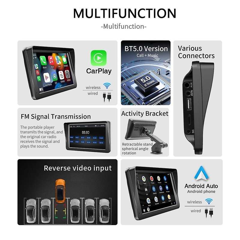 Wireless Carplay & Android Auto Car Stereo, Portable 7 Inch Touch Screen Navigation Audio Car Radio