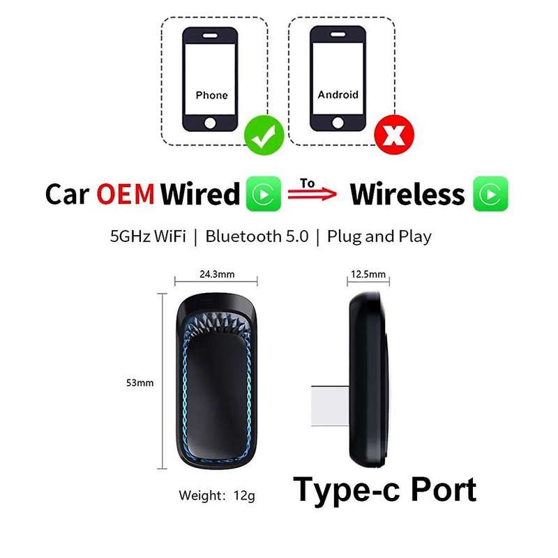 Wireless Carplay Adapter Smart Box Plug and Play Bluetooth WiFi Receiver for Wired Cars Carplay-Type