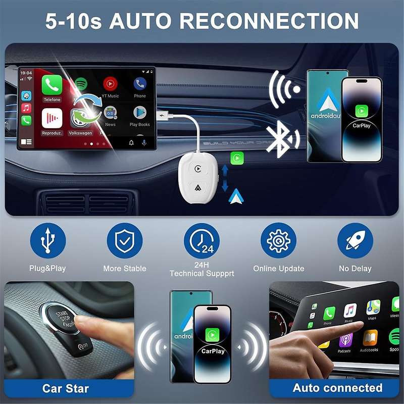 Wireless CarPlay Adapter, Wireless Android Auto Adapter Convert Wired to Wireless CarPlay Dongle for