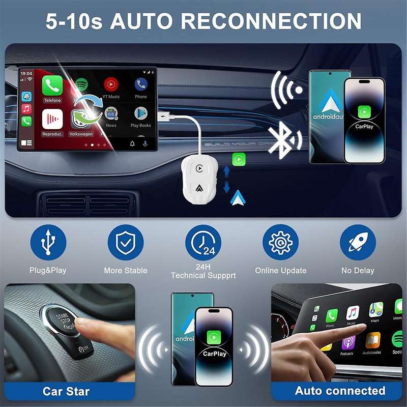 Wireless Carplay Android Auto Adapter,Plug & Play Dongle, for All Wired CarPlay Cars IOS 10+ Android