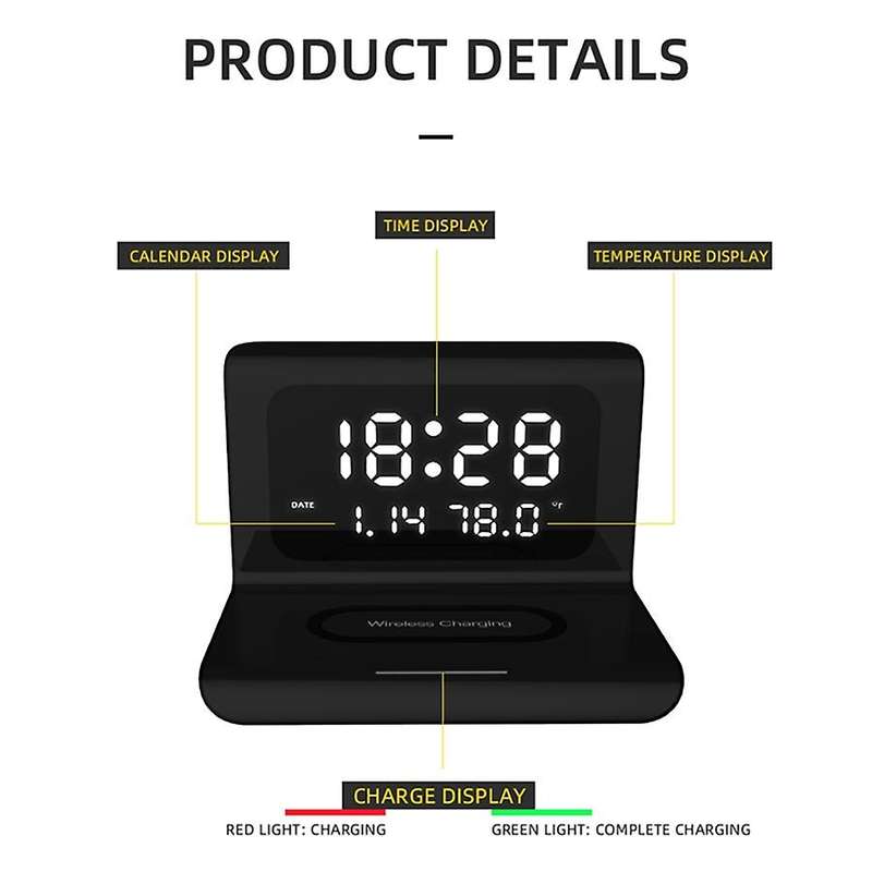 Wireless Charger with Digital LED Electric Alarm Clock Desktop Digital Thermometer Clock HD Clock wi