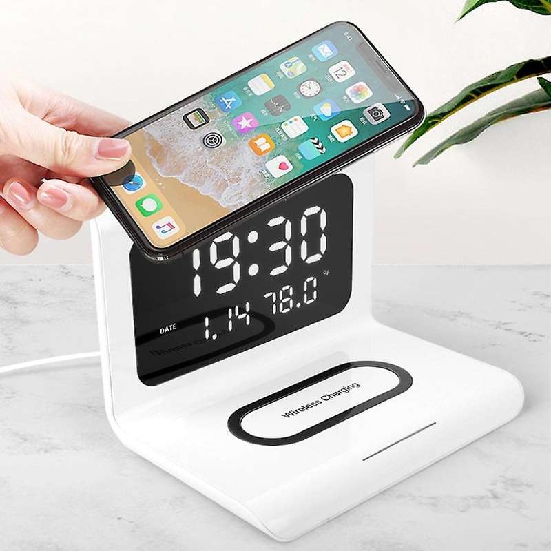 Wireless Charger with Digital LED Electric Alarm Clock Desktop Digital Thermometer Clock HD Clock wi