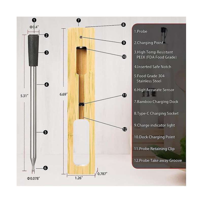 Wireless Meat Thermometer, Bluetooth Meat Thermometer Smart Food Thermometer with 165 Ft Range for