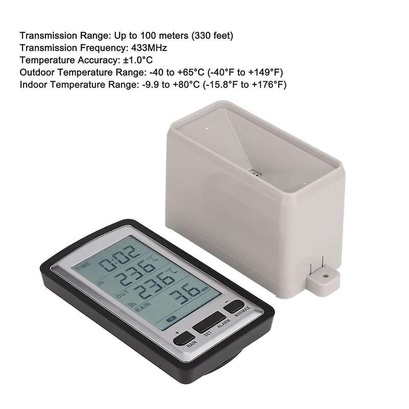 Wireless Rain Meter Gauge Weather Station Indoor/Outdoor Temperature Recorder