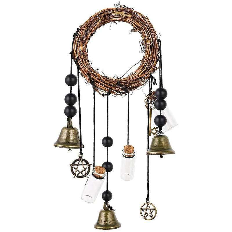 Witch Bells Protection Door Hanger Pentagram Witch Bells Wreath Handmade Wind Chimes Witch Rattan Be