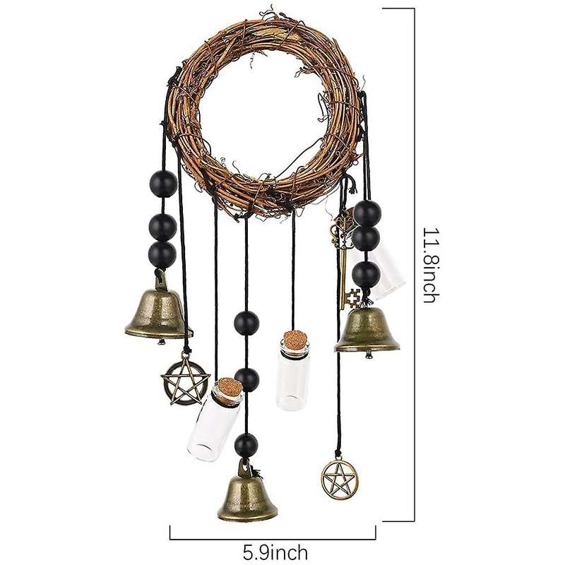 Witch Bells Protection Door Hanger Pentagram Witch Bells Wreath Handmade Wind Chimes Witch Rattan Be