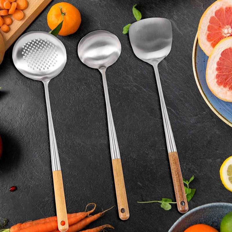 Wok Spatula and Ladle,Skimmer Ladle Tool Set,17Inches Spatula Compatible Wok