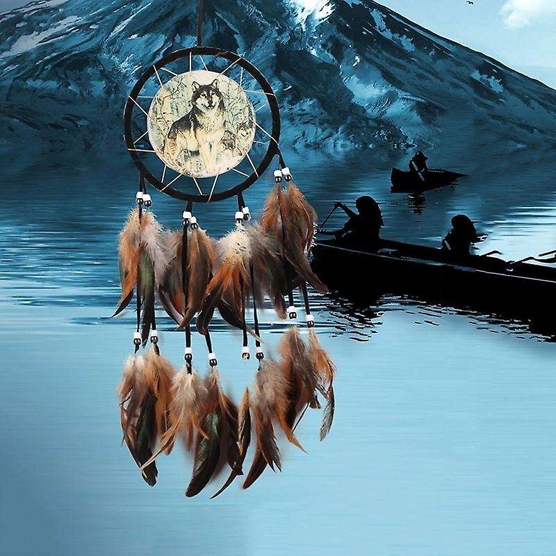 Wolf Totem Dream Catcher Gift Handmade Dream Catcher Net with Feathers Wall Hanging Ornament for Ho