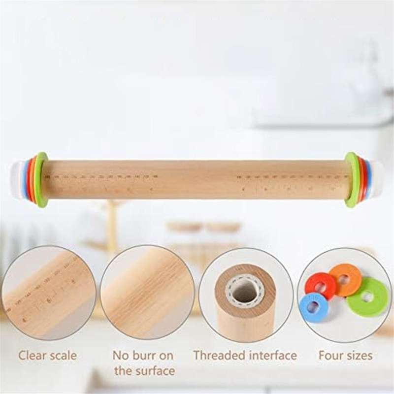 Wood Rolling Pin with 4 Adjustable Thickness Rings, Non-stick Dough Roller for Baking,pizza Roller f