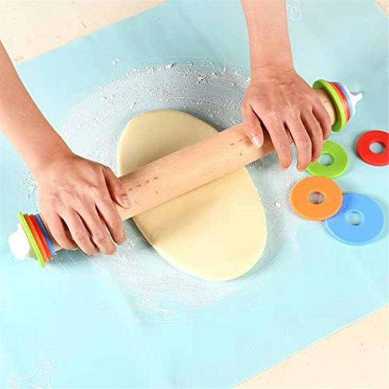 Wood Rolling Pin with 4 Adjustable Thickness Rings, Non-stick Dough Roller for Baking,pizza Roller f