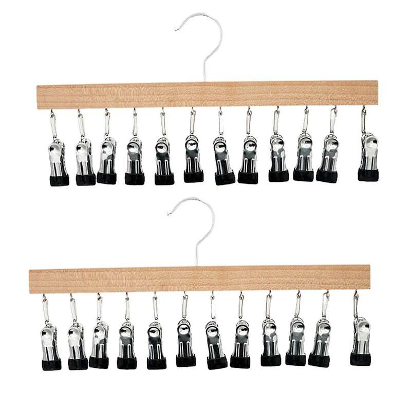Wood Hanger for Pants, Wooden Pants Hangers with 12 Nonslip Clips, Set of 2 Legging Organizer for Cl