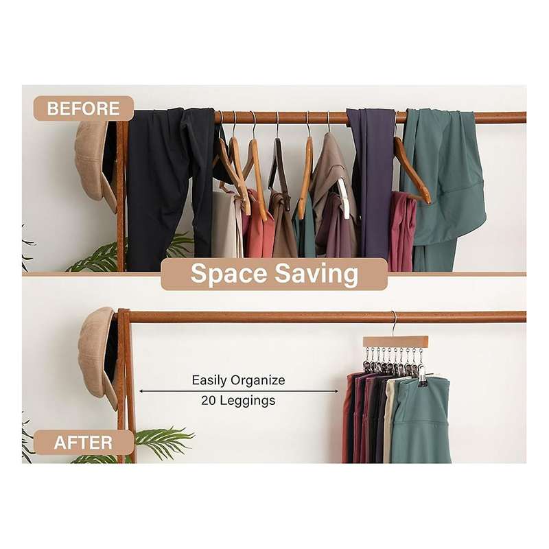 Wood Hanger for Pants, Wooden Pants Hangers with 12 Nonslip Clips, Set of 2 Legging Organizer for Cl
