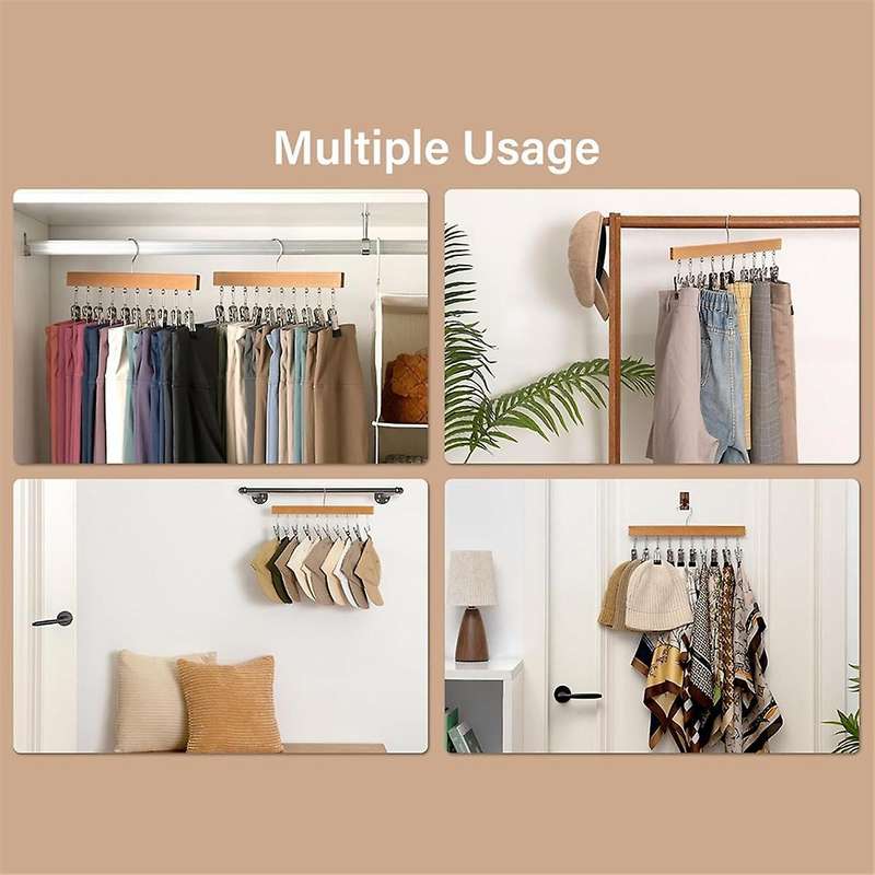 Wood Hanger for Pants, Wooden Pants Hangers with 12 Nonslip Clips, Set of 2 Legging Organizer for Cl