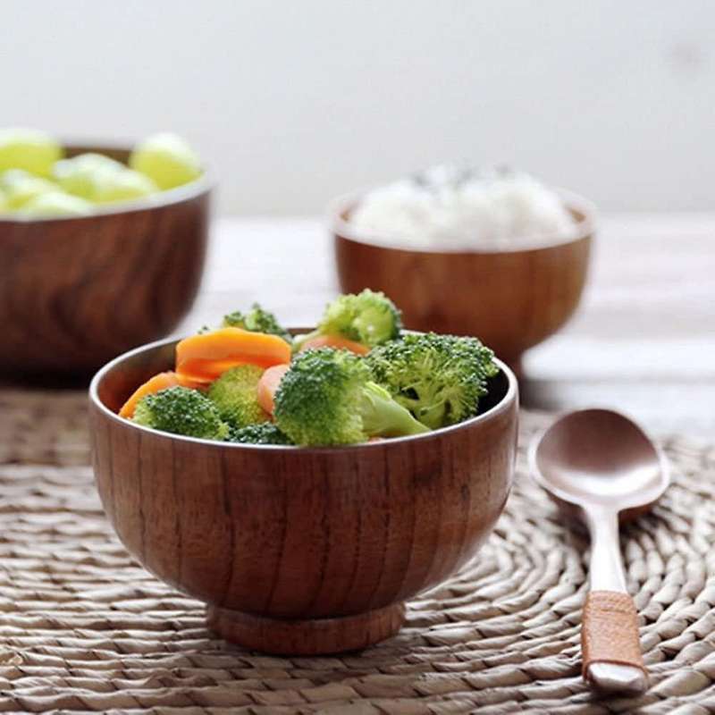 Wood Spoons Bowl Set,Wooden Handmade Flatware Tableware Cutlery Soup Rice Bowls Serving Tableware fo