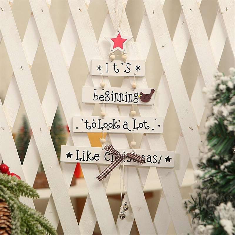 Wooden , Christmas Tree Shape Ornaments with Bell Wall Decor Sign Wall Art Crafts