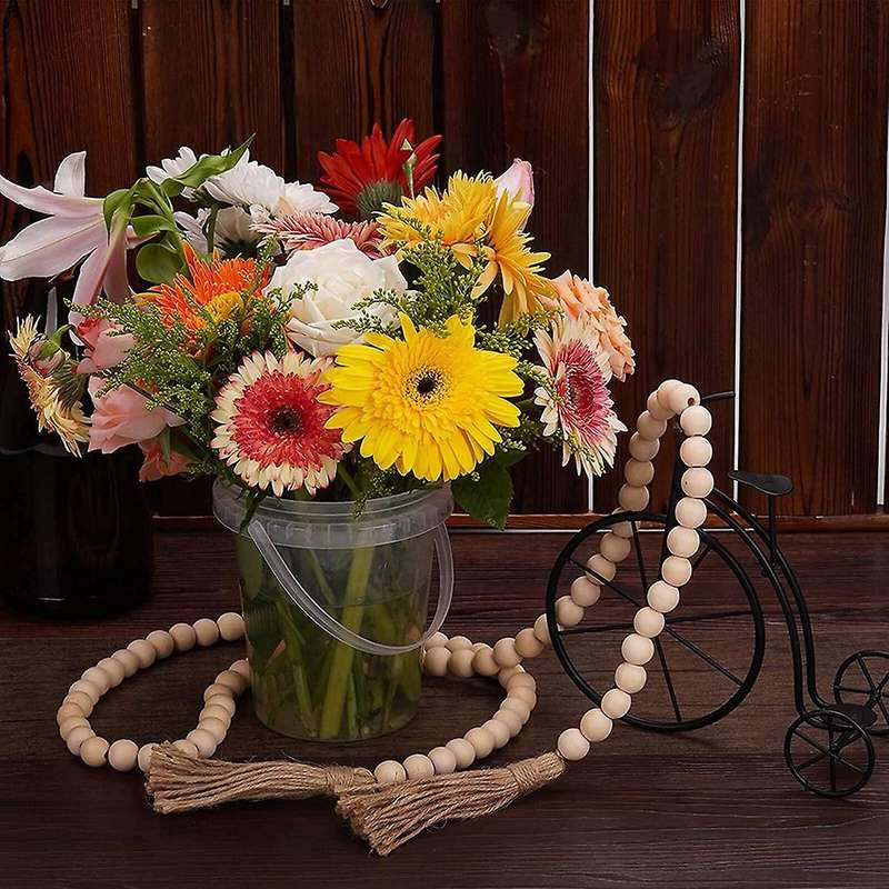 Wooden Beaded Wreath with Tassels Farmhouse Decoration Bohemian Home Decoration Natural Handmade Woo