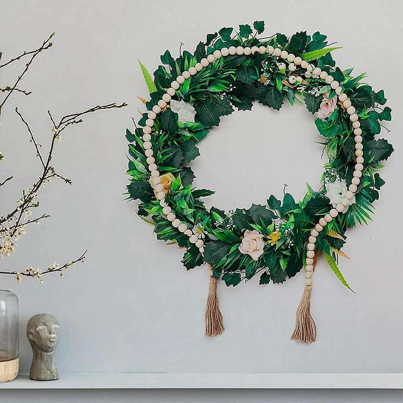 Wooden Beaded Wreath with Tassels Farmhouse Decoration Bohemian Home Decoration Natural Handmade Woo