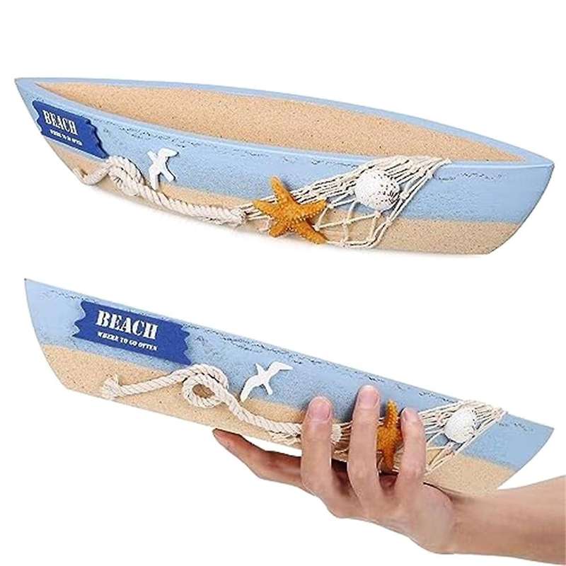 Wooden Boat Tray Display Sailboat Model Decor 2 Pack Blue Boat Model Decoration Nautical Beach Ocea