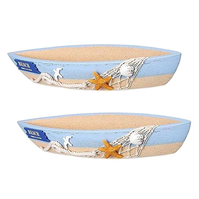Wooden Boat Tray Display Sailboat Model Decor 2 Pack Blue Boat Model Decoration Nautical Beach Ocea