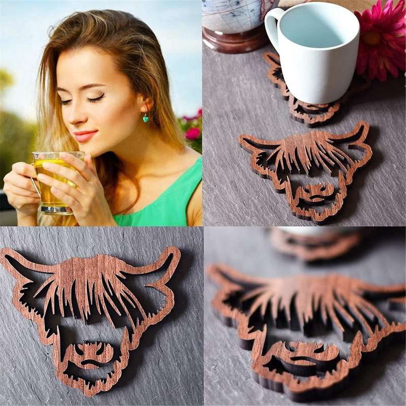 Wooden Coasters,Wooden Cow Coasters,4 PCS Scottish Cow Coasters, Coasters with Base