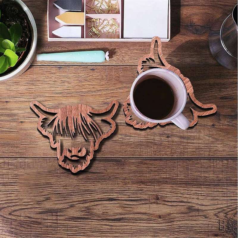 Wooden Coasters,Wooden Cow Coasters,4 PCS Scottish Cow Coasters, Coasters with Base