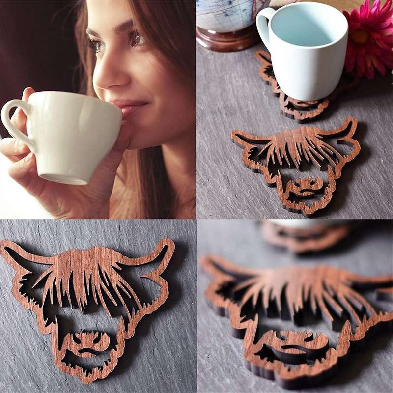 Wooden Coasters,Wooden Cow Coasters,4 PCS Scottish Cow Coasters, Coasters with Base