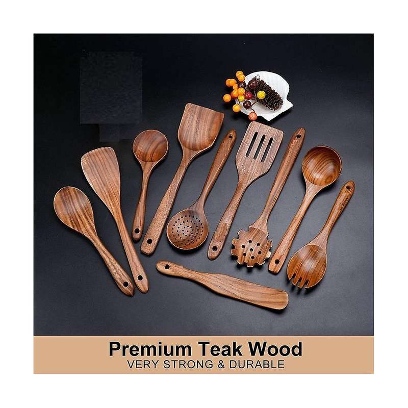 Wooden Cooking Utensils, Kitchen Utensils Set with Holder Teak Wood Spoons and Wooden Spatula for C