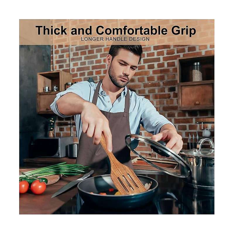 Wooden Cooking Utensils, Kitchen Utensils Set with Holder Teak Wood Spoons and Wooden Spatula for C