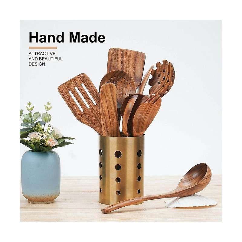 Wooden Cooking Utensils, Kitchen Utensils Set with Holder Teak Wood Spoons and Wooden Spatula for C
