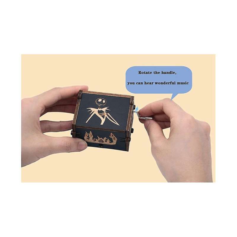 Wooden Engraved Christmas/Halloween Hand-Cranked Musical Box, Playing Melody This is Halloween Music