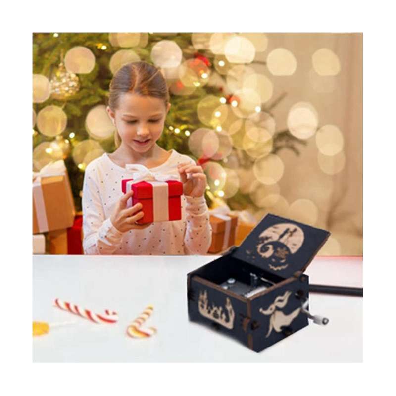 Wooden Engraved Christmas/Halloween Hand-Cranked Musical Box, Playing Melody This is Halloween Music