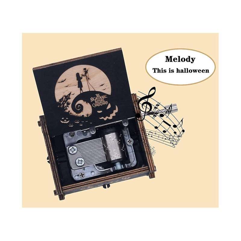 Wooden Engraved Christmas/Halloween Hand-Cranked Musical Box, Playing Melody This is Halloween Music
