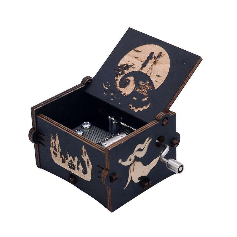 Wooden Engraved Christmas/Halloween Hand-Cranked Musical Box, Playing Melody This is Halloween Music