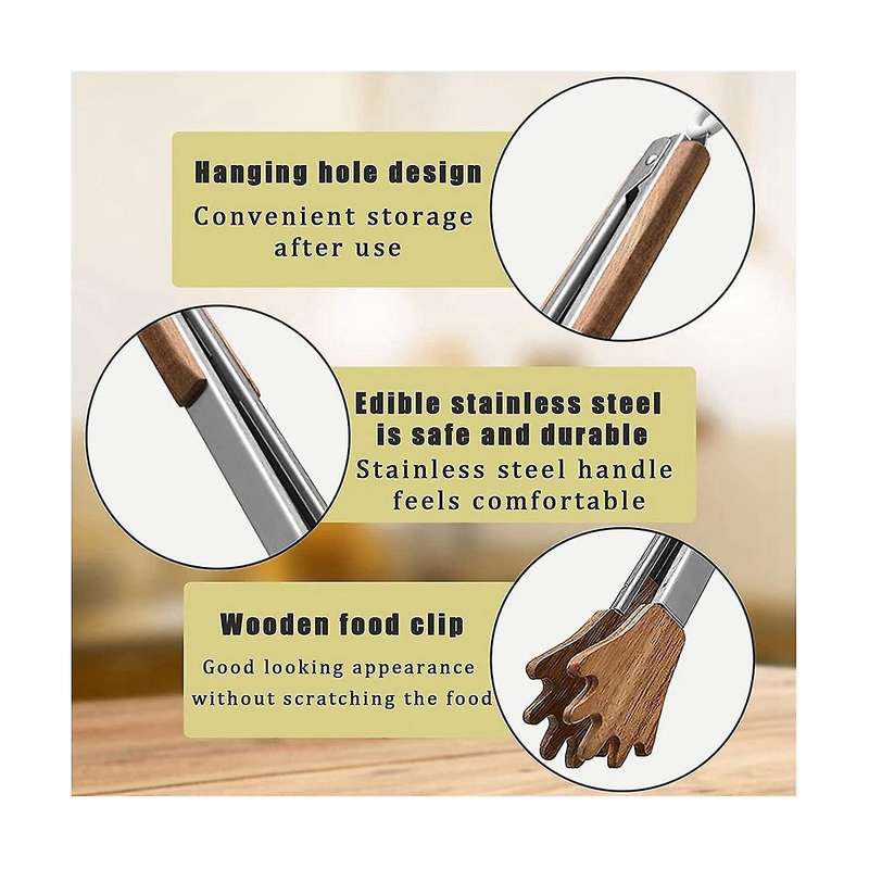 Wooden Kitchen Tongs Palm Clamp Cooking Tongs, Non-stick High Temperature Resistant, Stainless Stee