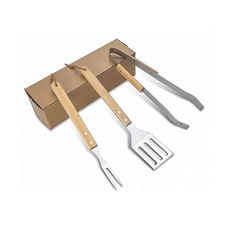 Wooden Handle Shovel Fork Outdoor Barbecue Tools BBQ Barbecue Set Grill Household Barbecue Clip , 3P