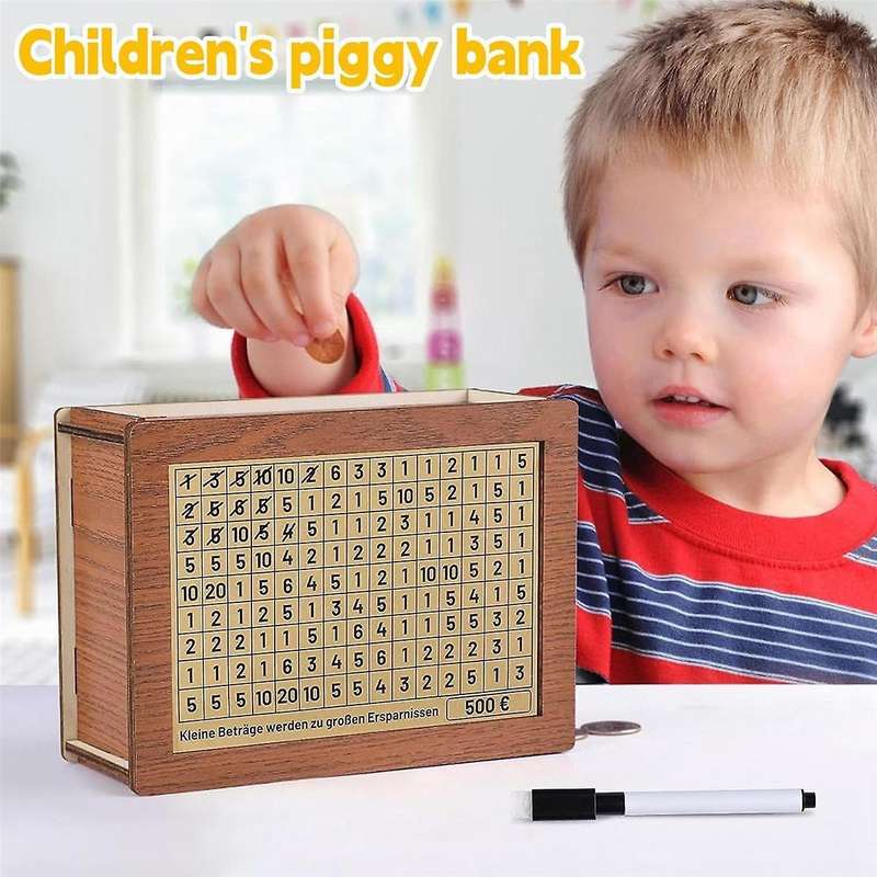 Wooden Money Box, Wooden Money Box with Counter for Ticking, Piggy Bank with Marker, Money Box, Wood