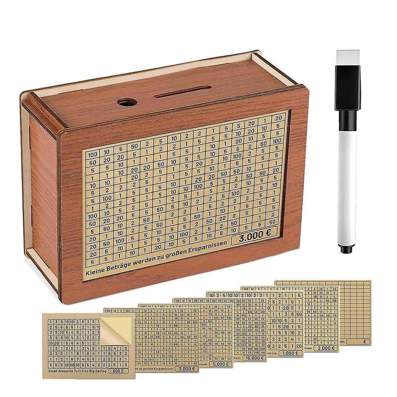 Wooden Money Box, Wooden Money Box with Counter for Ticking, Piggy Bank with Marker, Money Box, Wood
