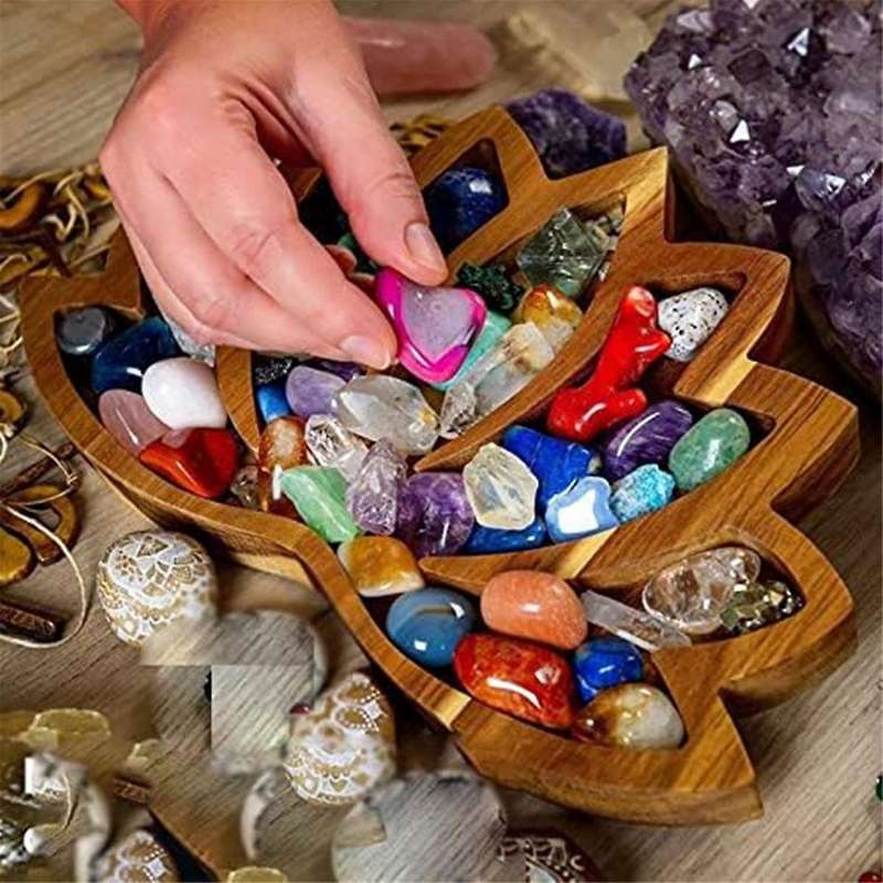 Wooden Lotus Shape Crystal Display Tray Retro Jewelry Essential Oil Crystal Storage Tray