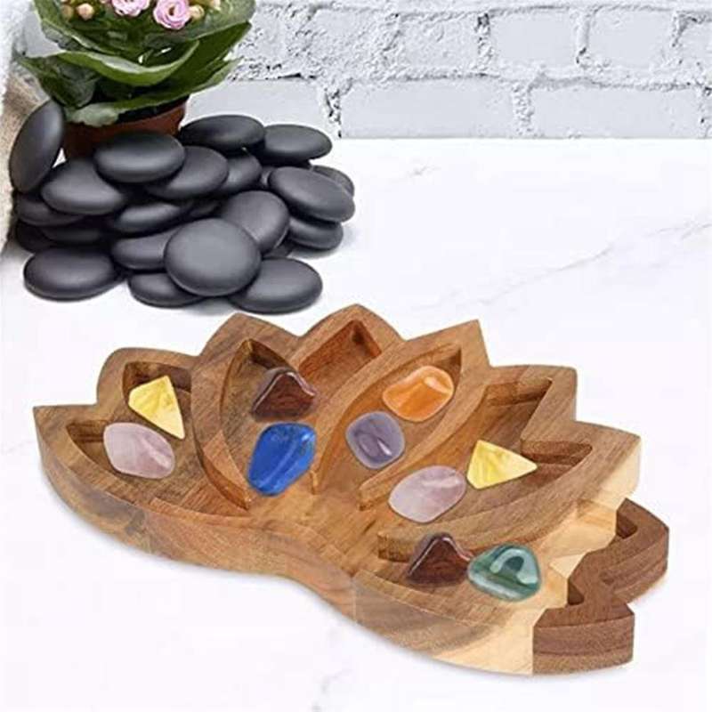 Wooden Lotus Shape Crystal Display Tray Retro Jewelry Essential Oil Crystal Storage Tray