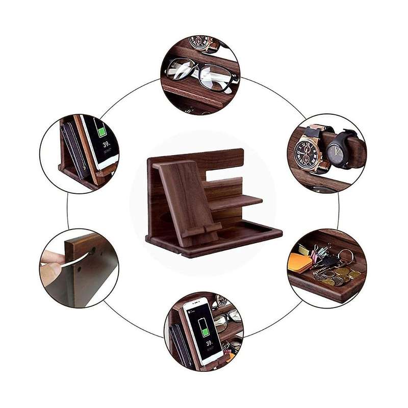 Wooden Phone Docking Station Wallet Stand Watches Purse Holder Desk Organizer