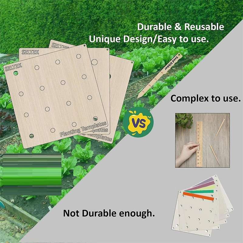 Wooden Planting Set, Square Foot Gardening Tools, Seed Planting Template with Planting Guide & Dibbe