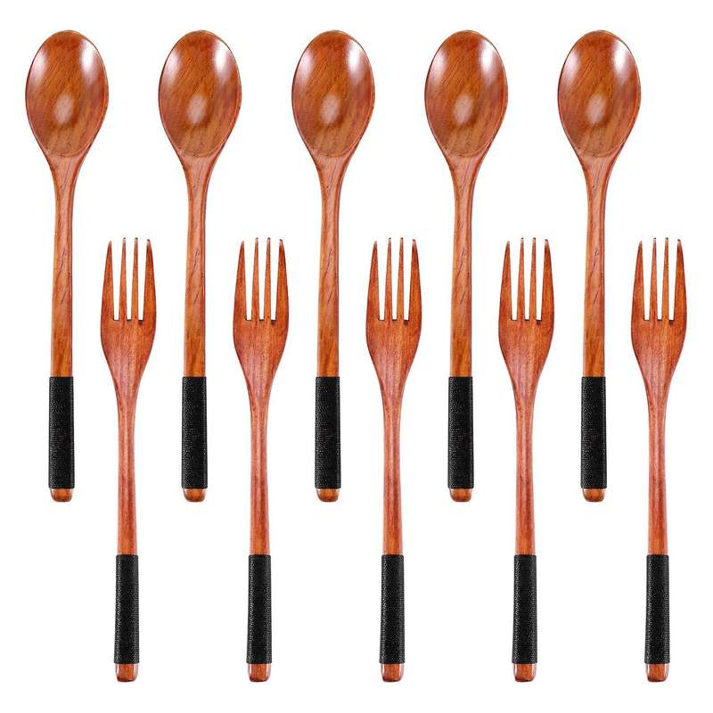 Wooden Spoons Forks Set Japanese Style Wooden Utensils Set for Eating Wood Set Reusable (Black ,10