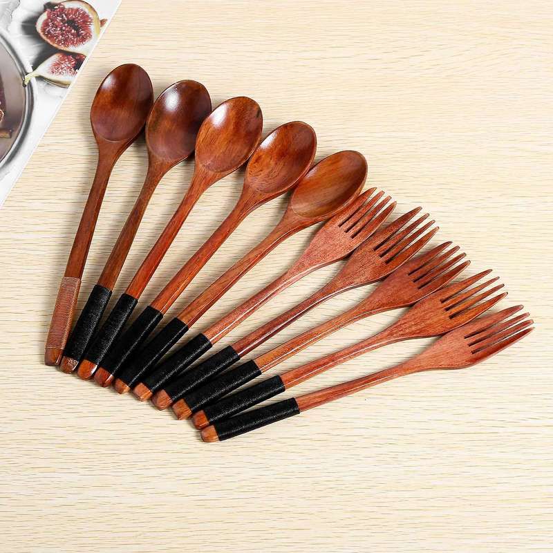 Wooden Spoons Forks Set Japanese Style Wooden Utensils Set for Eating Wood Set Reusable (Black ,10