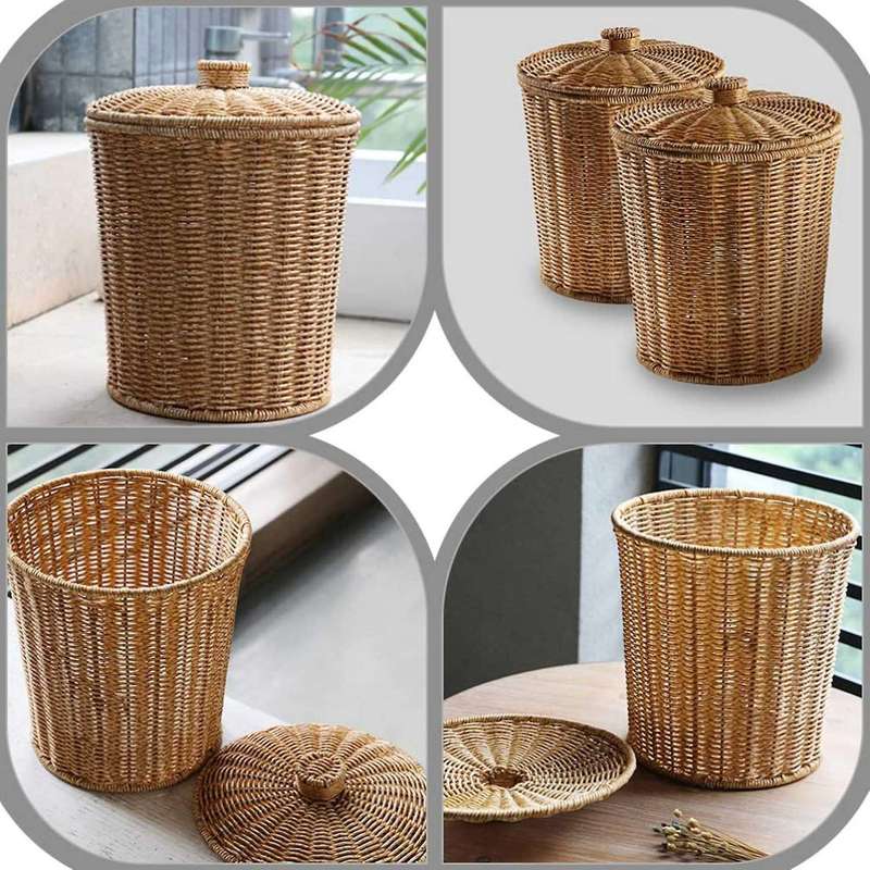 Woven Basket Trash Can Round with Lid Planter Woven Baskets Wicker