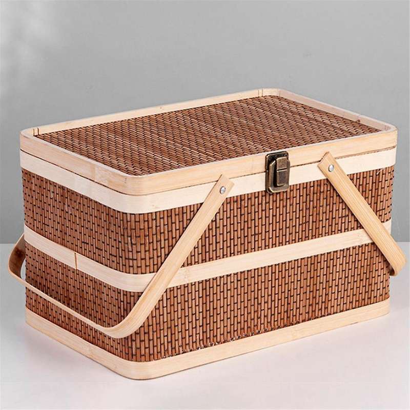 Woven Baskets Bamboo Portable Picnic Fruits Natural Holder Lid Bread Zongzi Organizer