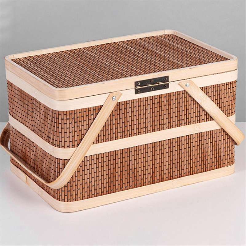 Woven Baskets Bamboo Portable Picnic Fruits Natural Holder Lid Bread Zongzi Organizer