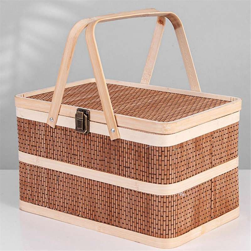 Woven Baskets Bamboo Portable Picnic Fruits Natural Holder Lid Bread Zongzi Organizer