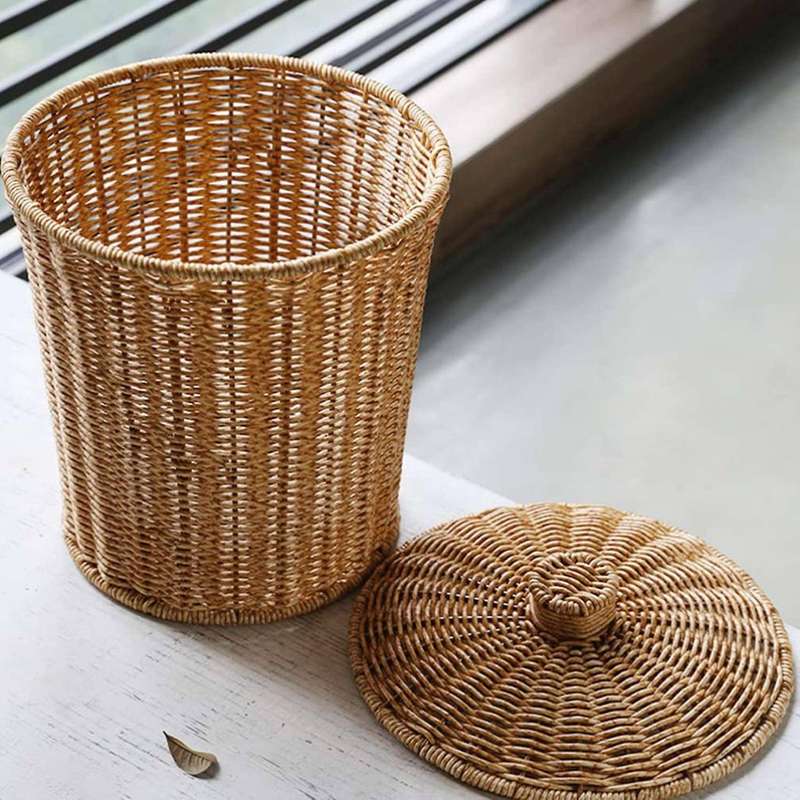Woven Basket Trash Can Round Rattan Waste Basket with Lid Planter Woven Storage Baskets Wicker Wast
