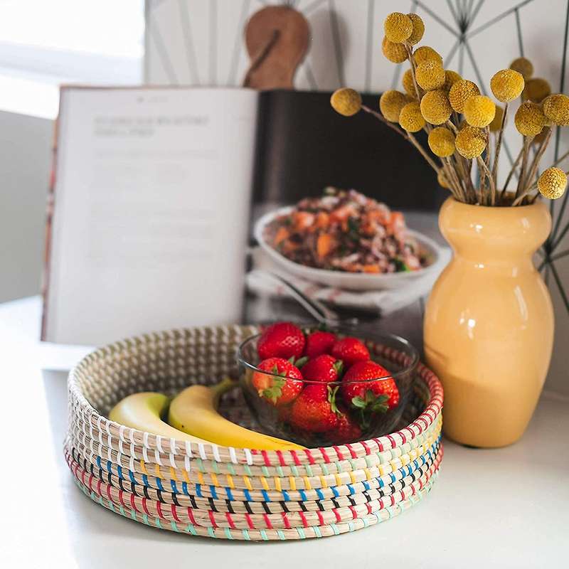 Woven Seagrass Serving Tray, Round Rattan Coffee Table Basket, Seagrass Ottomans, Round Basket Tray